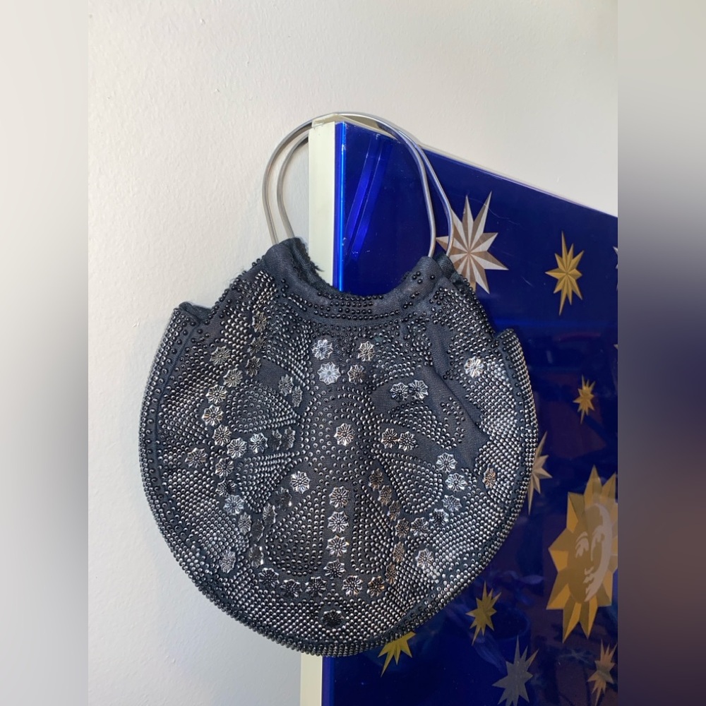 Vintage/Antique Silver Beaded Black Small Purse:Formal/Whimaigoth/Retro/Grunge